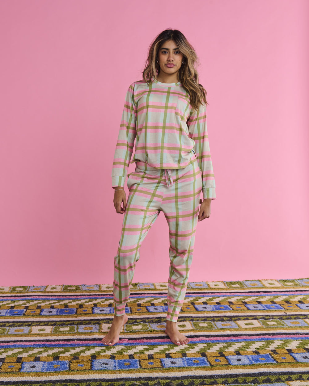 Pistachio Tartan Organic Cotton Long Sleeve Pyjama Top & Slouch Pant Set