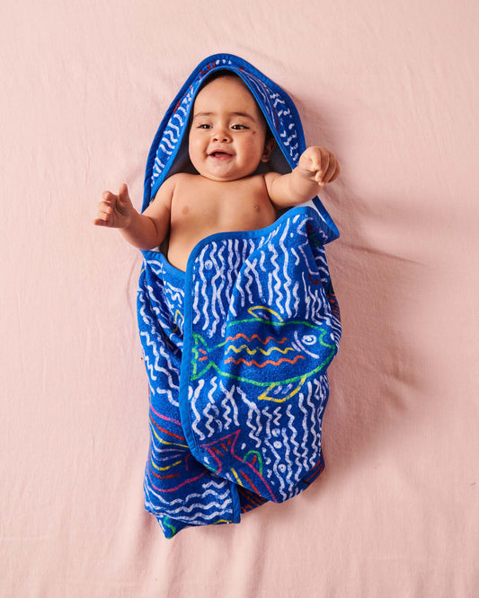 The Deep Blue Printed Terry Baby Towel One Size