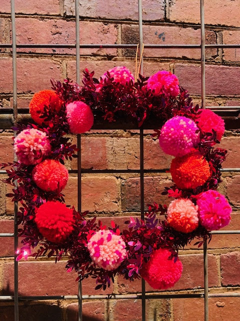 Red Glitter Pom Pom Wreath- 30cm