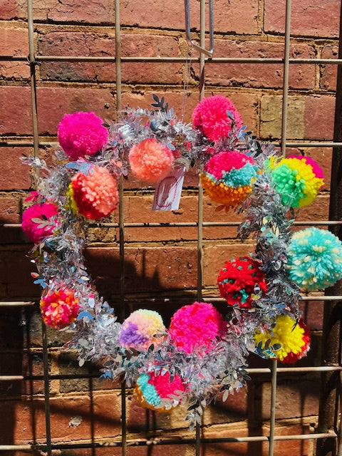 Silver Glitter Pom Pom Wreath- 30cm