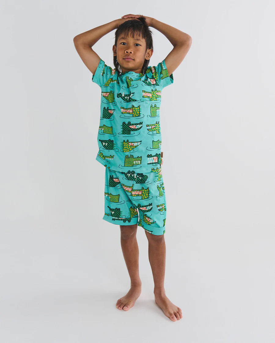 Crocodile Rock Green Kids Organic Cotton Short Sleeve Tee & Short Pyjama Set