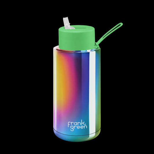34oz Stainless Steel Ceramic Reusable Bottle Limited Edition Rainbow with Straw Lid Hull Neon Green